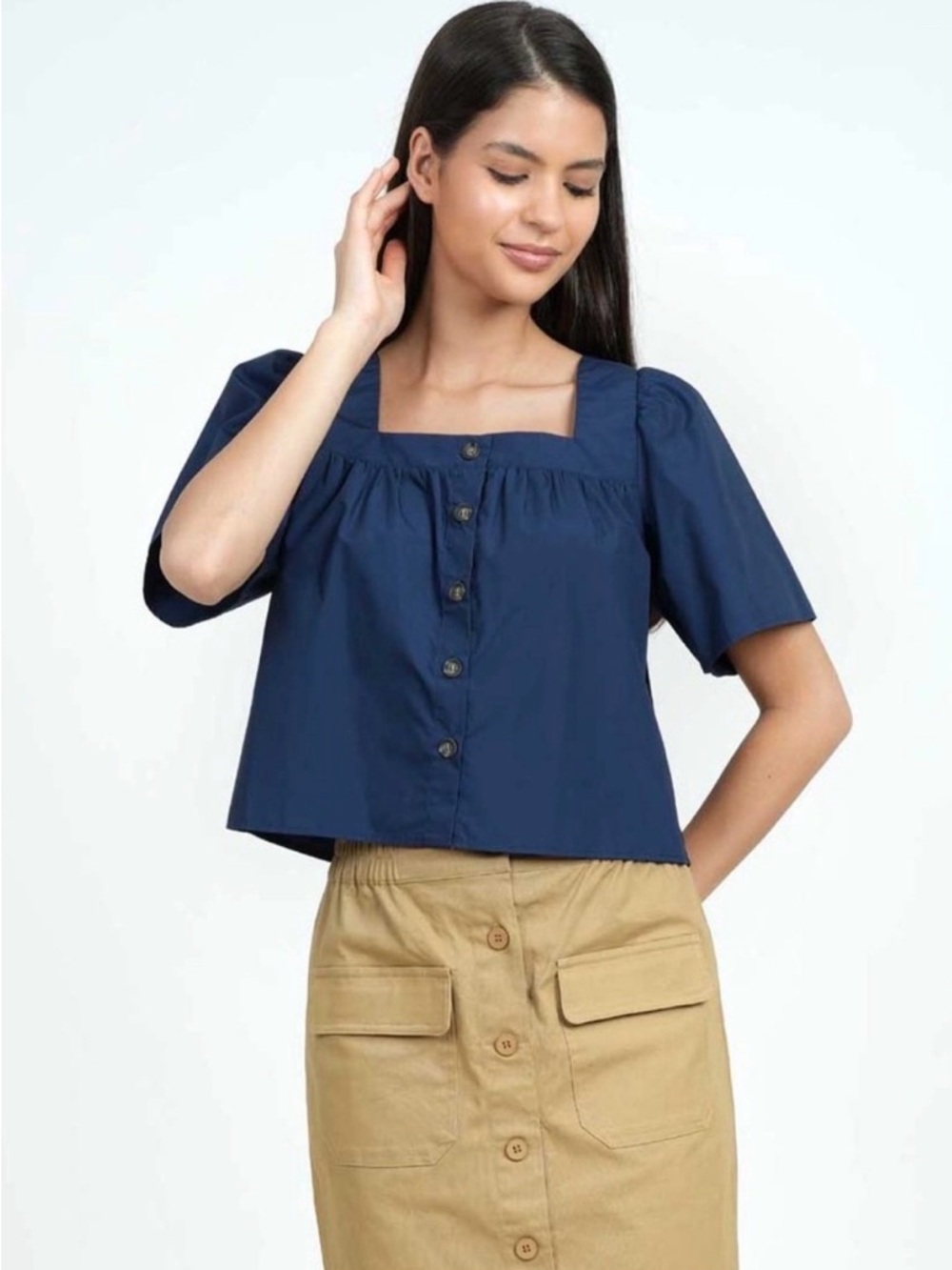 J. Crew Navy Square-Neck Button Front Top with Puff Sleeves